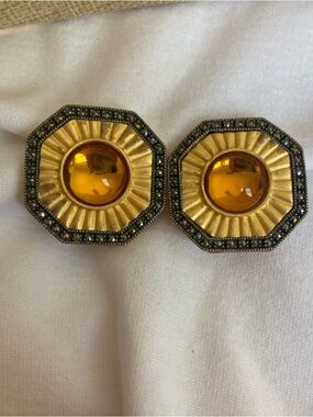 Judith Jack Vintage Clip Earrings Amber Cabochon Blue Crystals